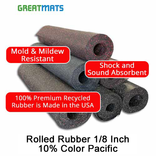 Rolled Rubber Pacific 1/8 Inch 10% Color CrossTrain Per SF Thickness infographic.