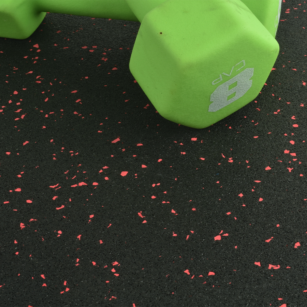 Rubber Tile Interlocking 2x2 Ft 1/4 Inch 10% Color Stocked Pacific red closeup with green dumbbell
