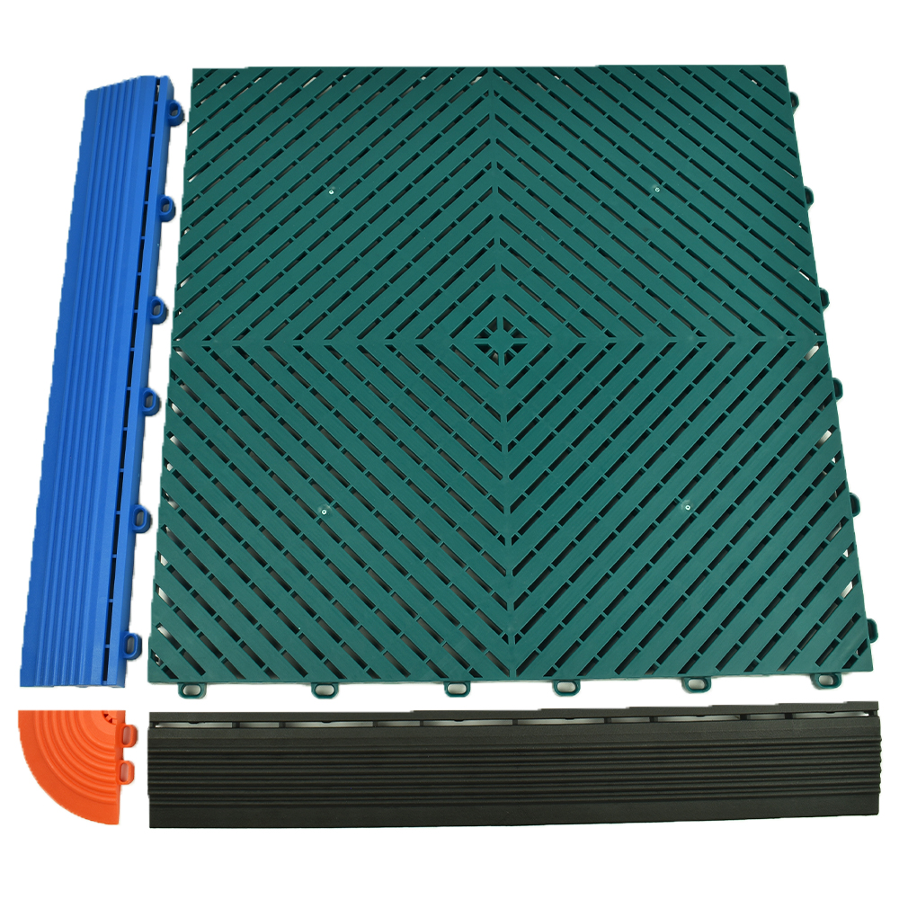 Reducer and corner next to tile VersaCourt Active Outdoor Court Edge Reducer 5/8 Inch x 2.5x15.75 Inches Pack of 10
