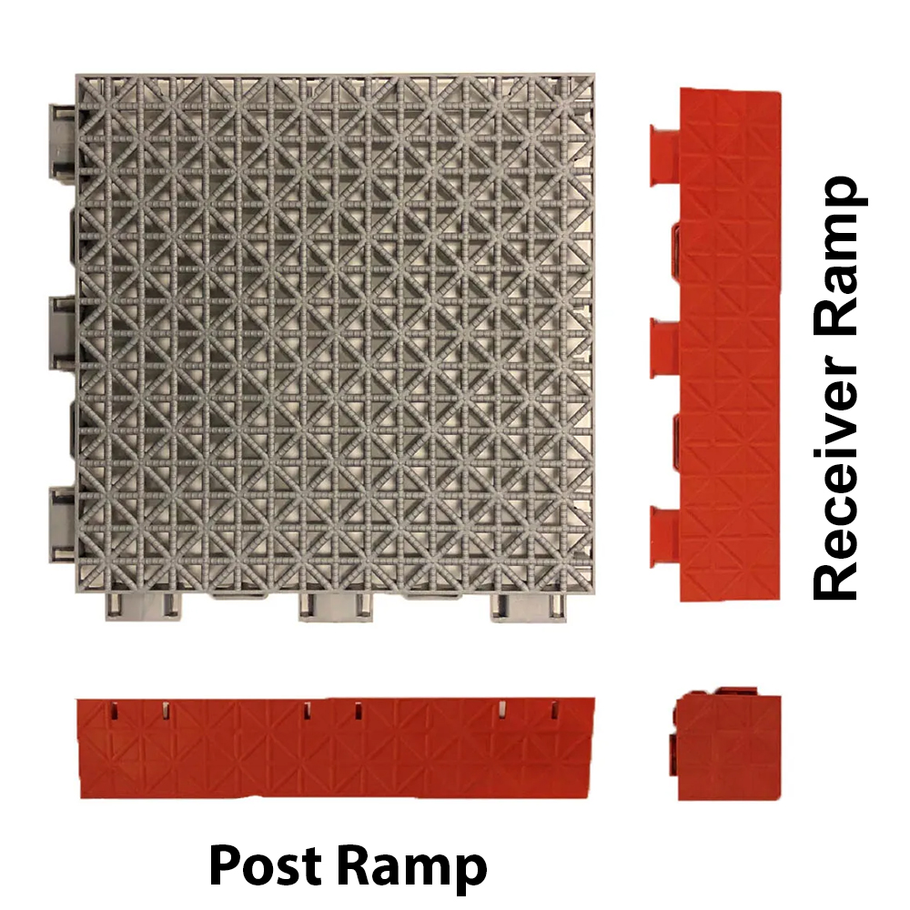 VersaCourt Outdoor Game Court Corner Reducer 3/4 Inch x 2x2 Inches full tile with reducers and corner labeled