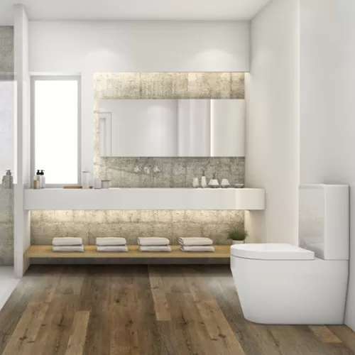 Mediterranean Scene Laminate SPC Flooring 36.02 Sq Ft per Carton Smoky Quartz Bathroom