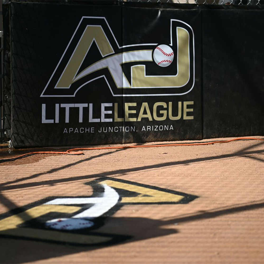 Little league field with Black BackStop Folding Pad 2 Inch x 4x10 Ft. with logo