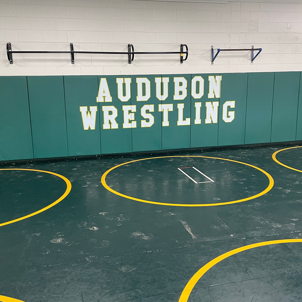 Audubon Wrestling Gym with Green Wall Pads Safety Wall Pad 1x7 Ft x 2 Inch WB Z Clip ASTM