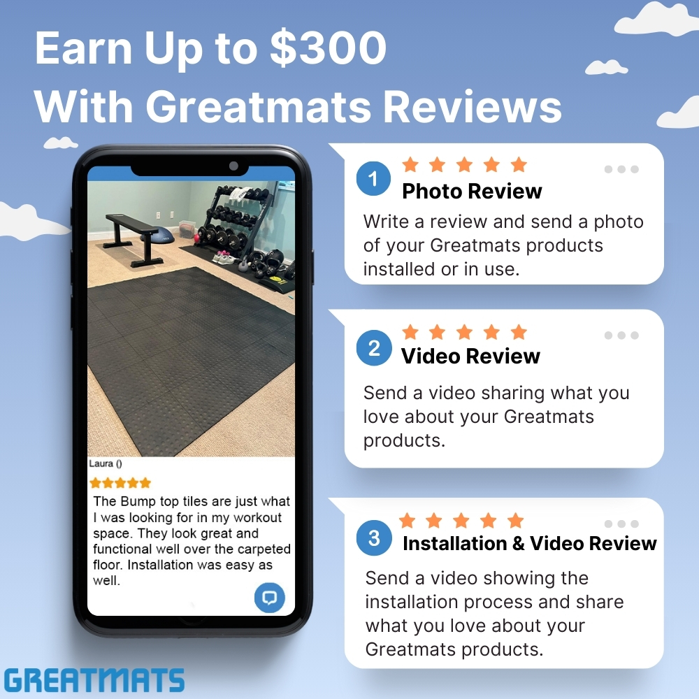 Earn up to $300 with Greatmats reviews: photo review, video review, or installation and video review