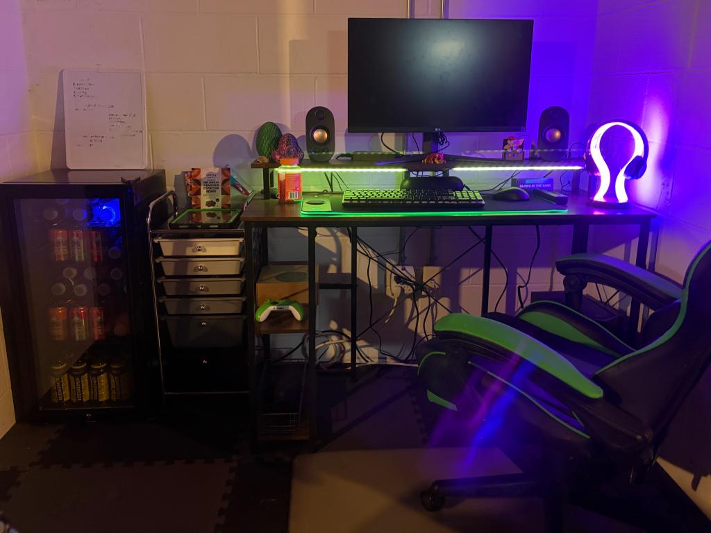 gaming desk set up with foam tiles