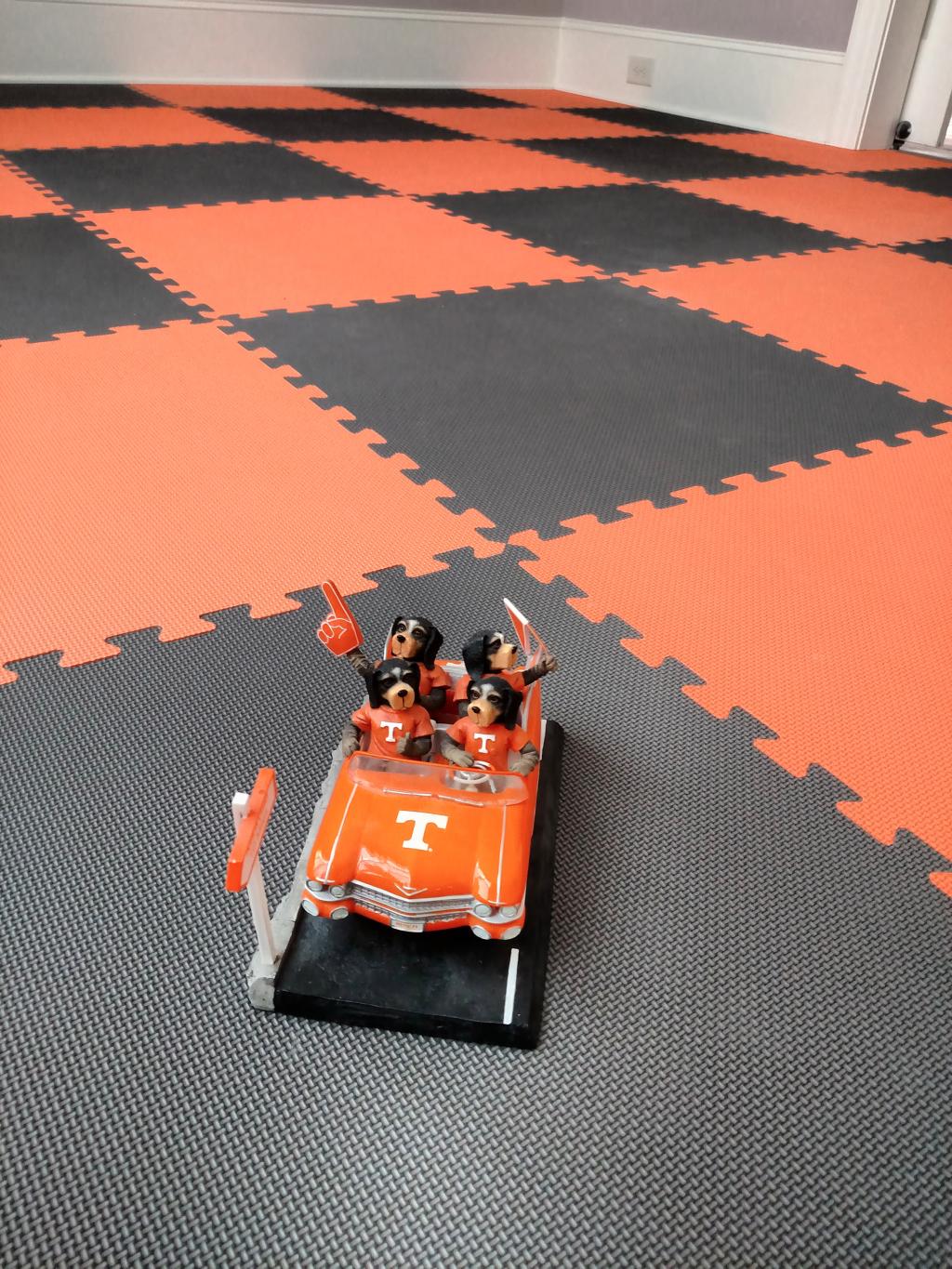 orange and gray foam floor mats