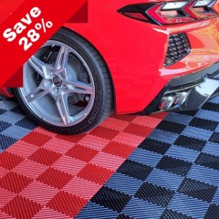 perforated interlocking garage floor tiles with corvette in garage