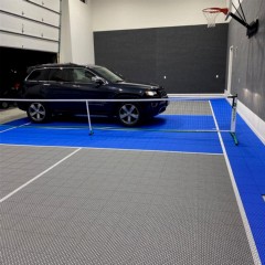 VersaCourt Pickleball Performance Court Tile 10.13x10.13 Inches garage court royal blue and graphite vehicle parked