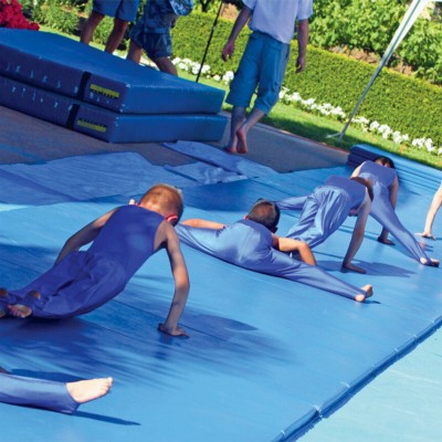 Foldable Gymnastics Mat Medium Firm Foam 4x8 Ft. x 2 Inch V2 kids practicing on royal blue mat