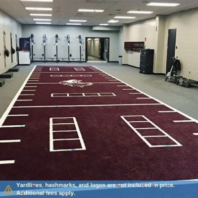 V-Max Maroon colored gym turf in weight room with logo hashmarks and ladders