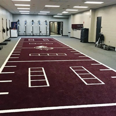 V-Max Maroon colored gym turf in weight room with logo hashmarks and ladders