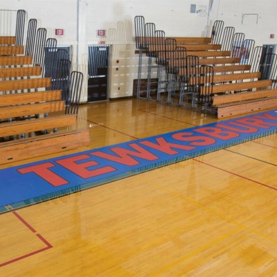 courtside vinyl floor runner in royal blue with red logo