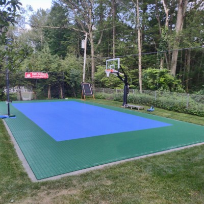 Pickleball Court Kit without Lines 30x60 Ft. backyard court in navy blue and sport green no lines