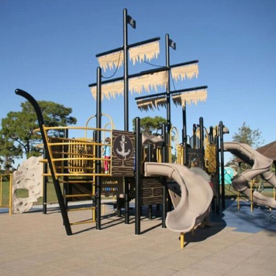 Playground Flooring Blue Sky 2ft x 2ft x 2.75in 50/50 EPDM showing pirate ship playground.