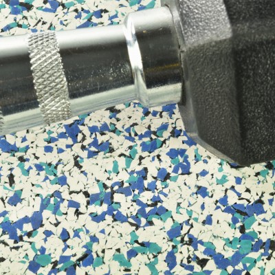 close up of nuclear rubber flooring tiles ocean view color with dumbbell on top