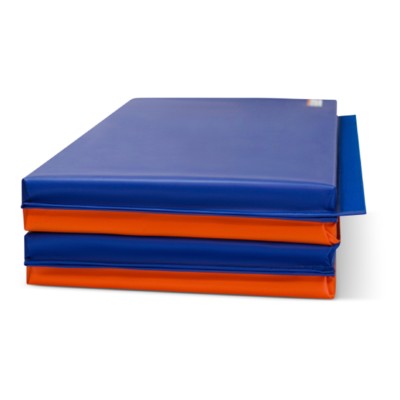 Safety Folding Gym Mat Combo Foam 2.375 Inch x 4x6 Ft. V4 folded up mat in orange and navy blue