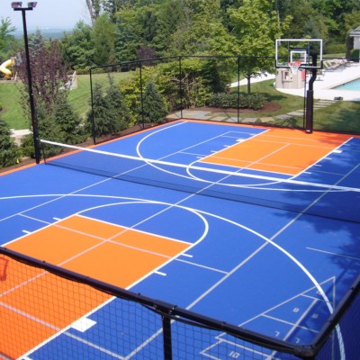VersaCourt Boost Outdoor Court Tile 1/2 Inch x 1x1 Ft. royal blue and orange multi-sport court